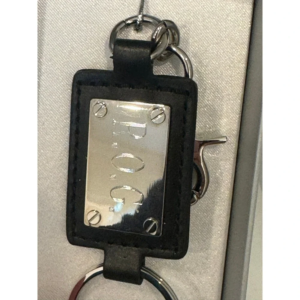 ROG Black Leather Silver Metal Plaque Keychain Keyring R.O.G. Swivel Clasp Clip